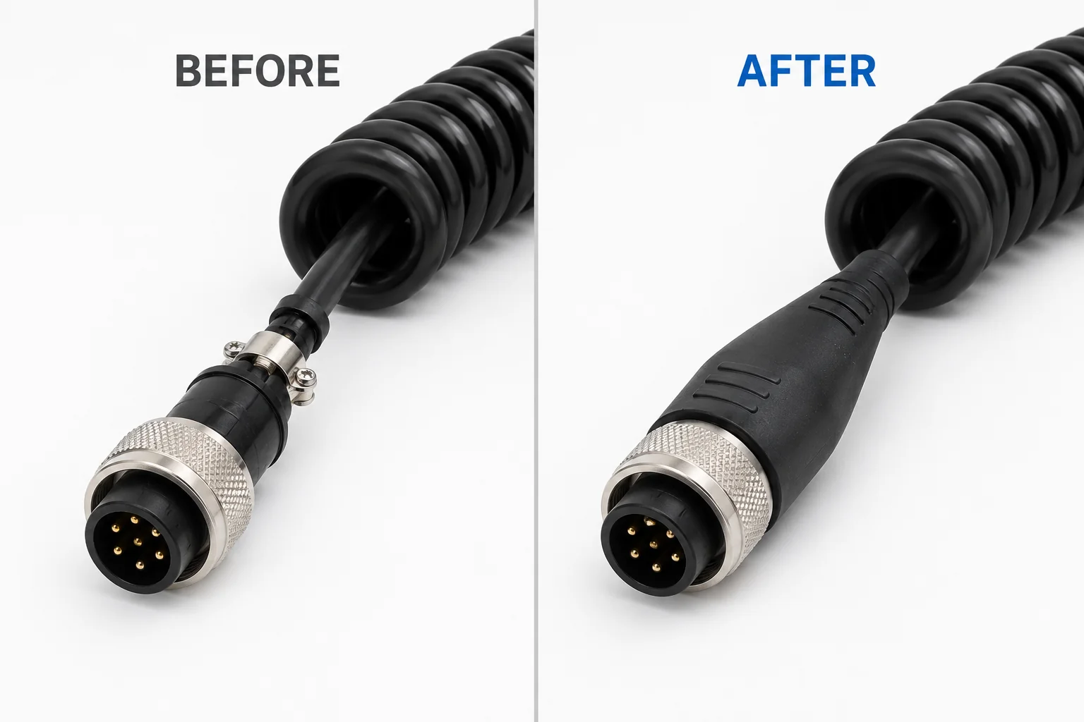 Coil cable overmold before and after