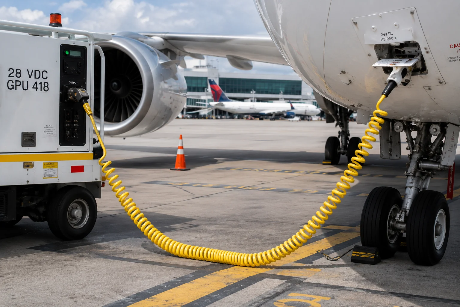 Ground support coiled cable at aircraft