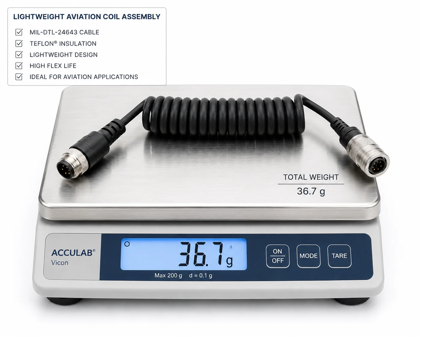 Lightweight aviation coil cable assembly