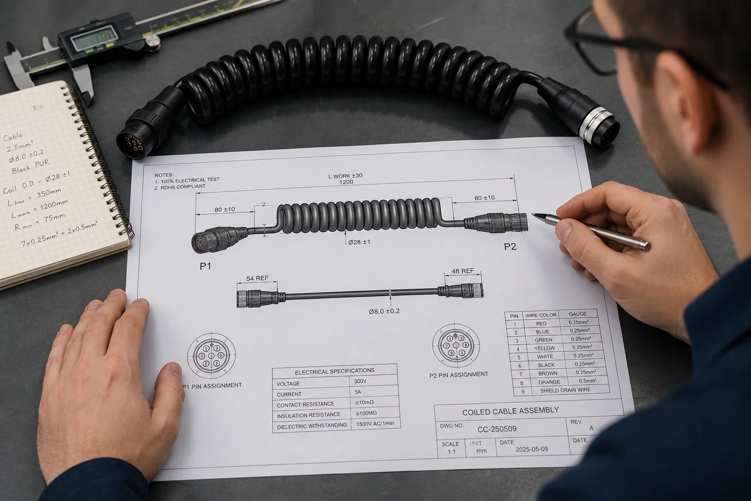 Engineer reviewing custom coil cable drawing