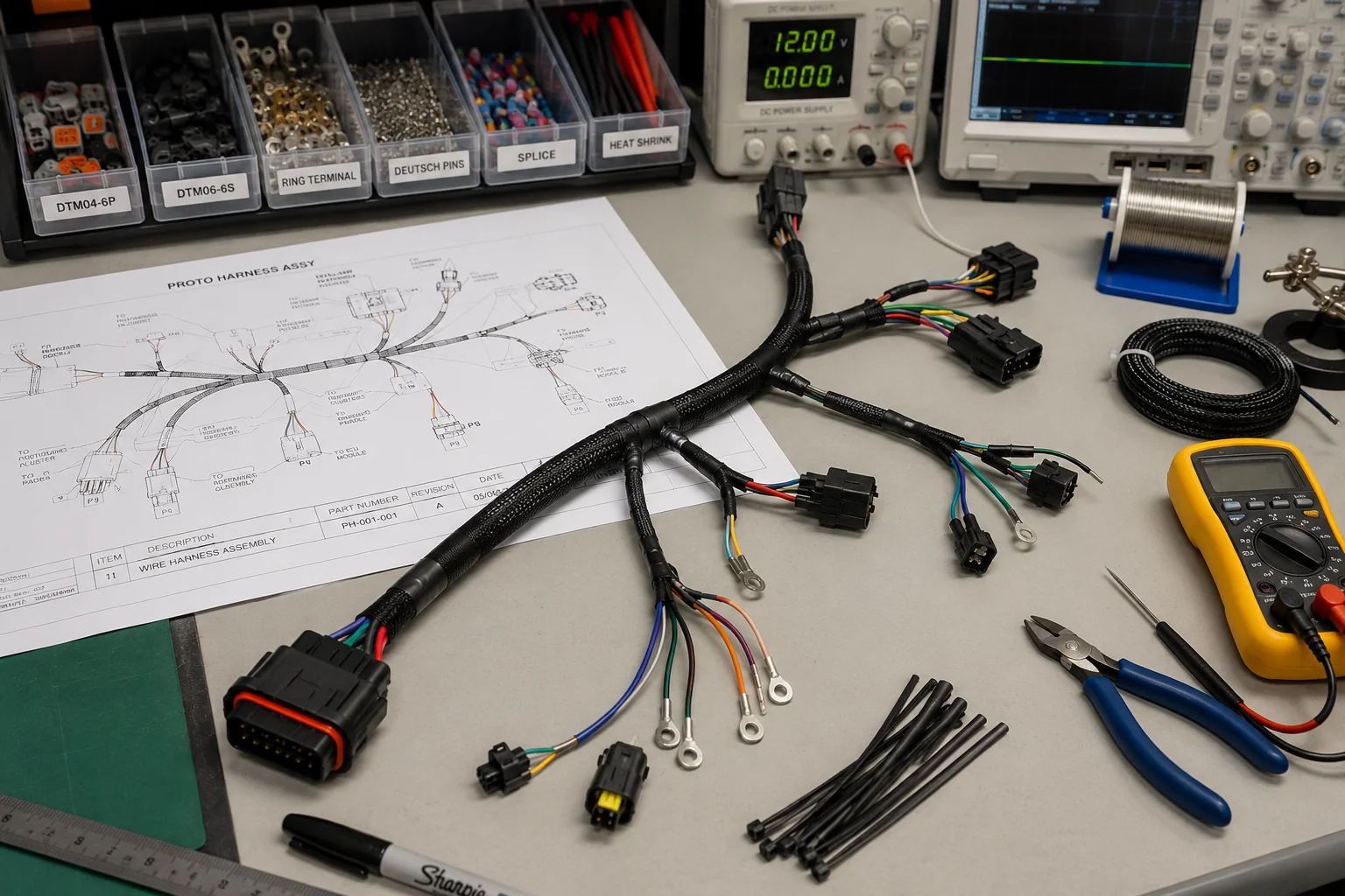 Prototype harness on workbench
