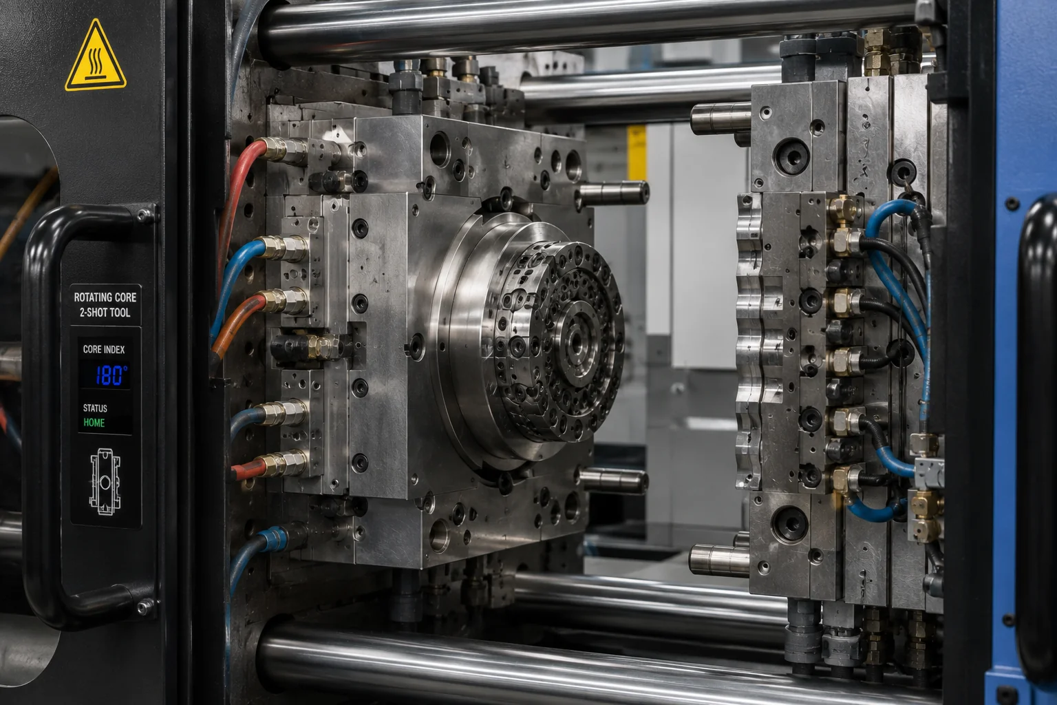 Two-shot rotating core injection mold